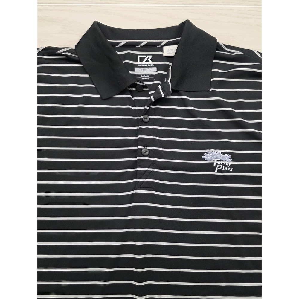 Torrey Pines Golf Cutter and Buck DryTec Black White Stripe Men's Polo Shirt - L